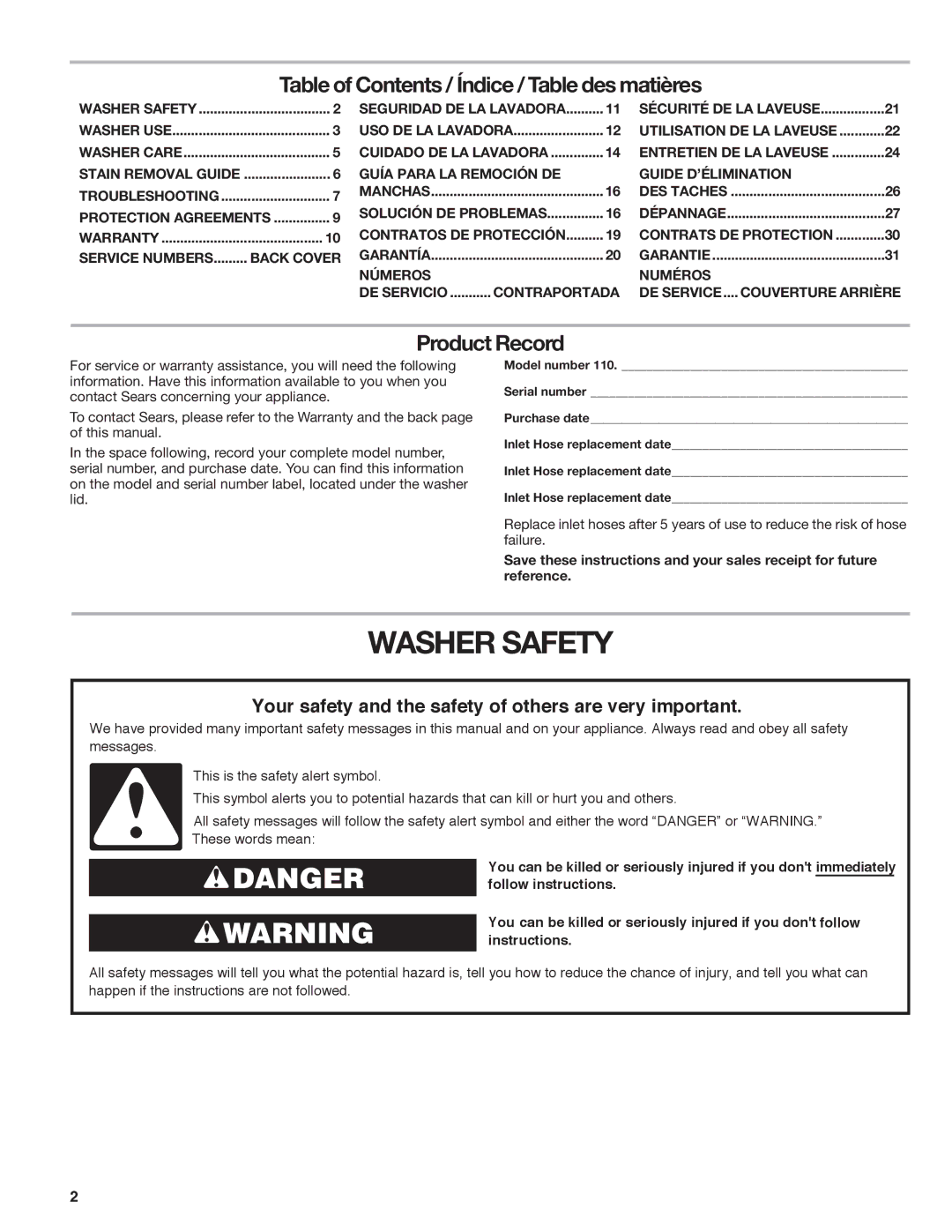 Kenmore W10026670A manual Washer Safety, Table of Contents / Índice / Table des matières 