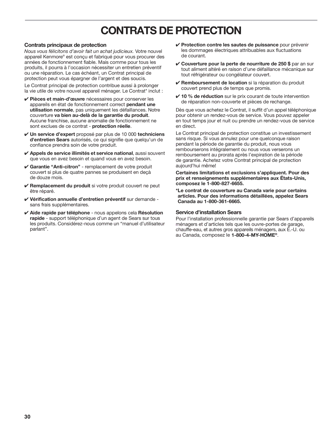 Kenmore W10026670A manual Contrats DE Protection, Contrats principaux de protection, Service d’installation Sears 