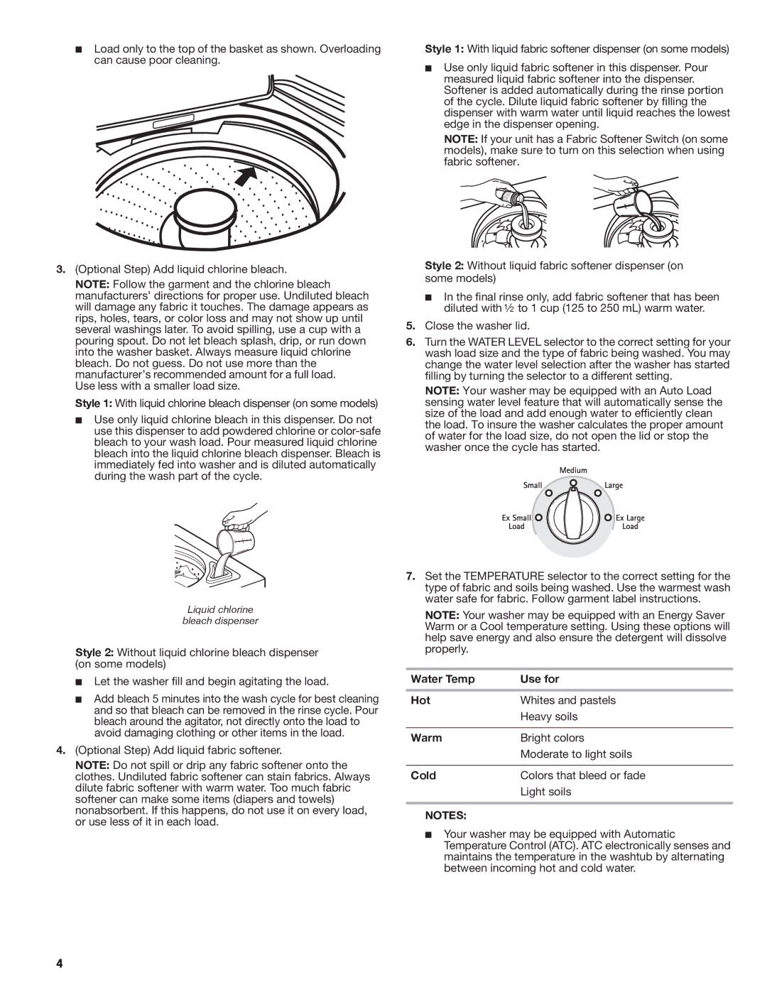 Kenmore W10026670A manual Water Temp Use for Hot, Warm, Cold 