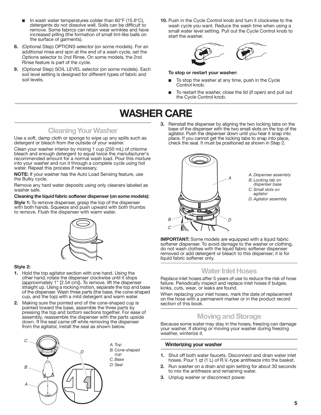 Kenmore W10026670A manual Washer Care, Cleaning Your Washer, Water Inlet Hoses, Moving and Storage, Winterizing your washer 