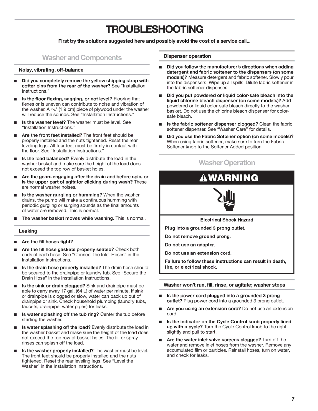 Kenmore W10026670A manual Troubleshooting, Washer and Components, Washer Operation 