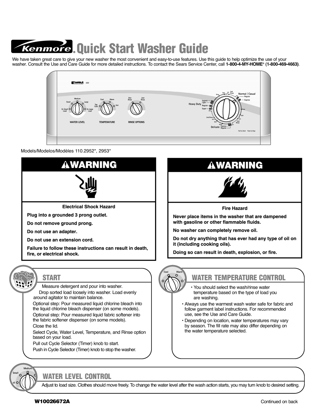 Kenmore 110.2952*, W10026672A, 110.2953* quick start Start, Water Temperature Control, Water Level Control 