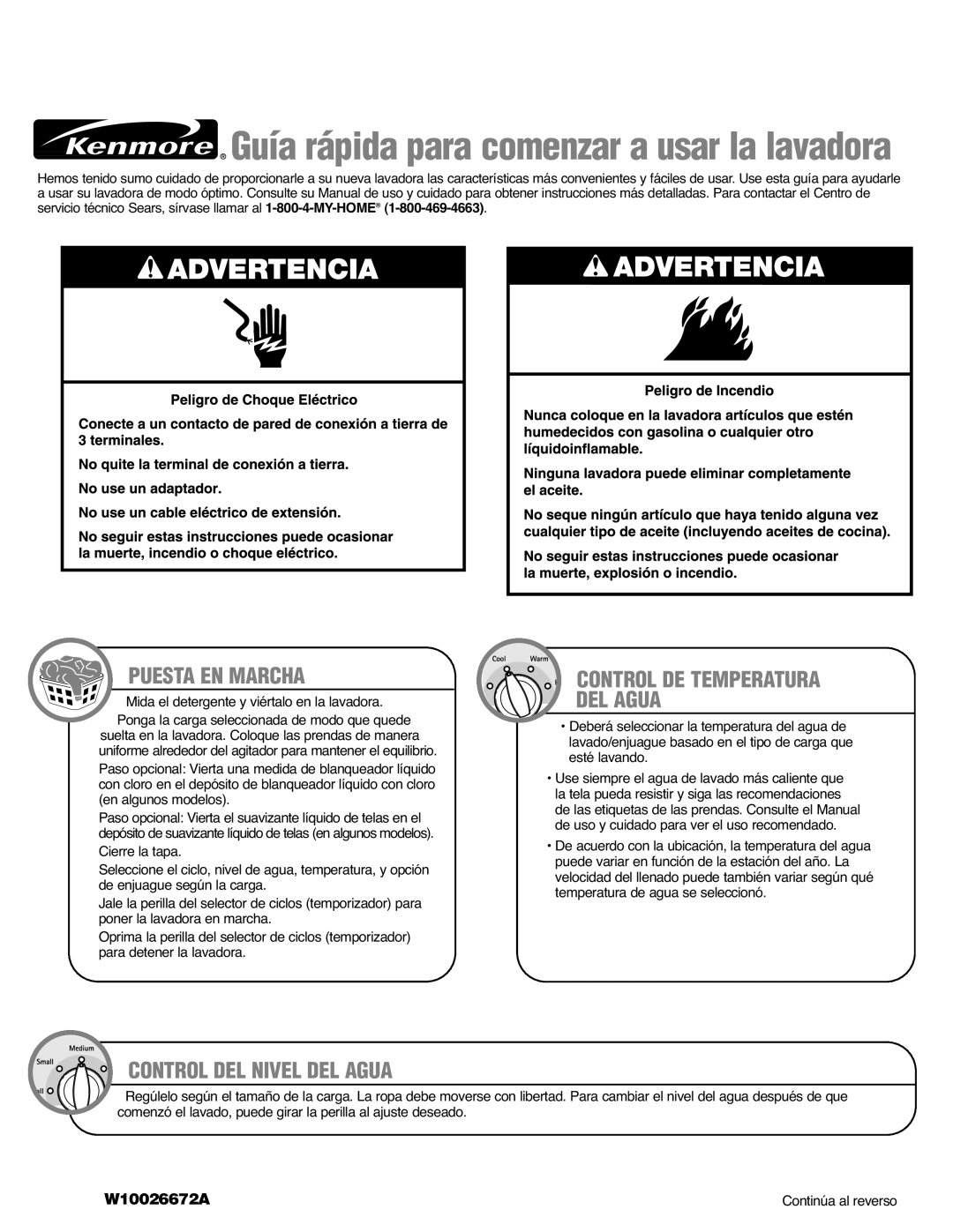 Kenmore 110.2953*, W10026672A, 110.2952* Puesta EN Marcha, Control DE Temperatura DEL Agua, Control DEL Nivel DEL Agua 