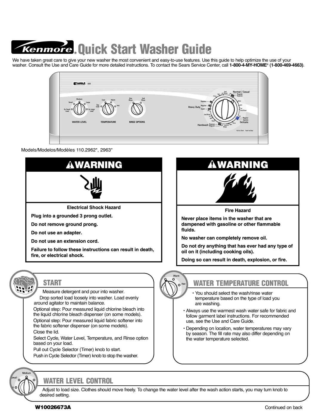 Kenmore 110.2962*, W10026673A, 110.2963* quick start Start, Water Temperature Control, Water Level Control 