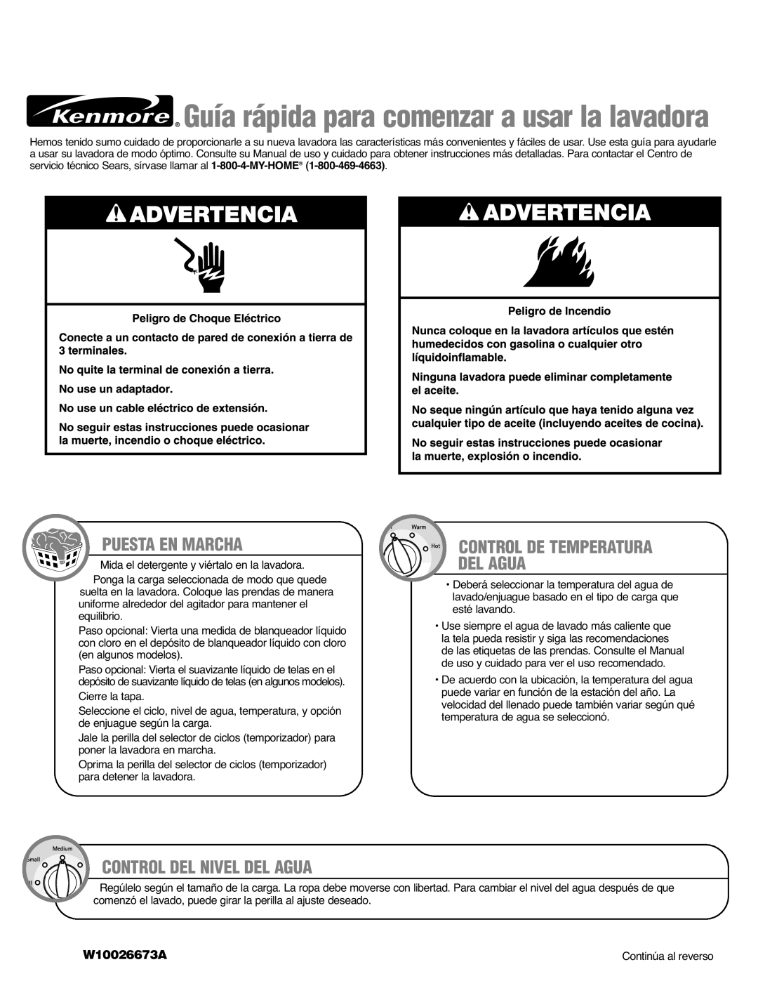 Kenmore 110.2963*, W10026673A, 110.2962* Puesta EN Marcha, Control DE Temperatura DEL Agua, Control DEL Nivel DEL Agua 