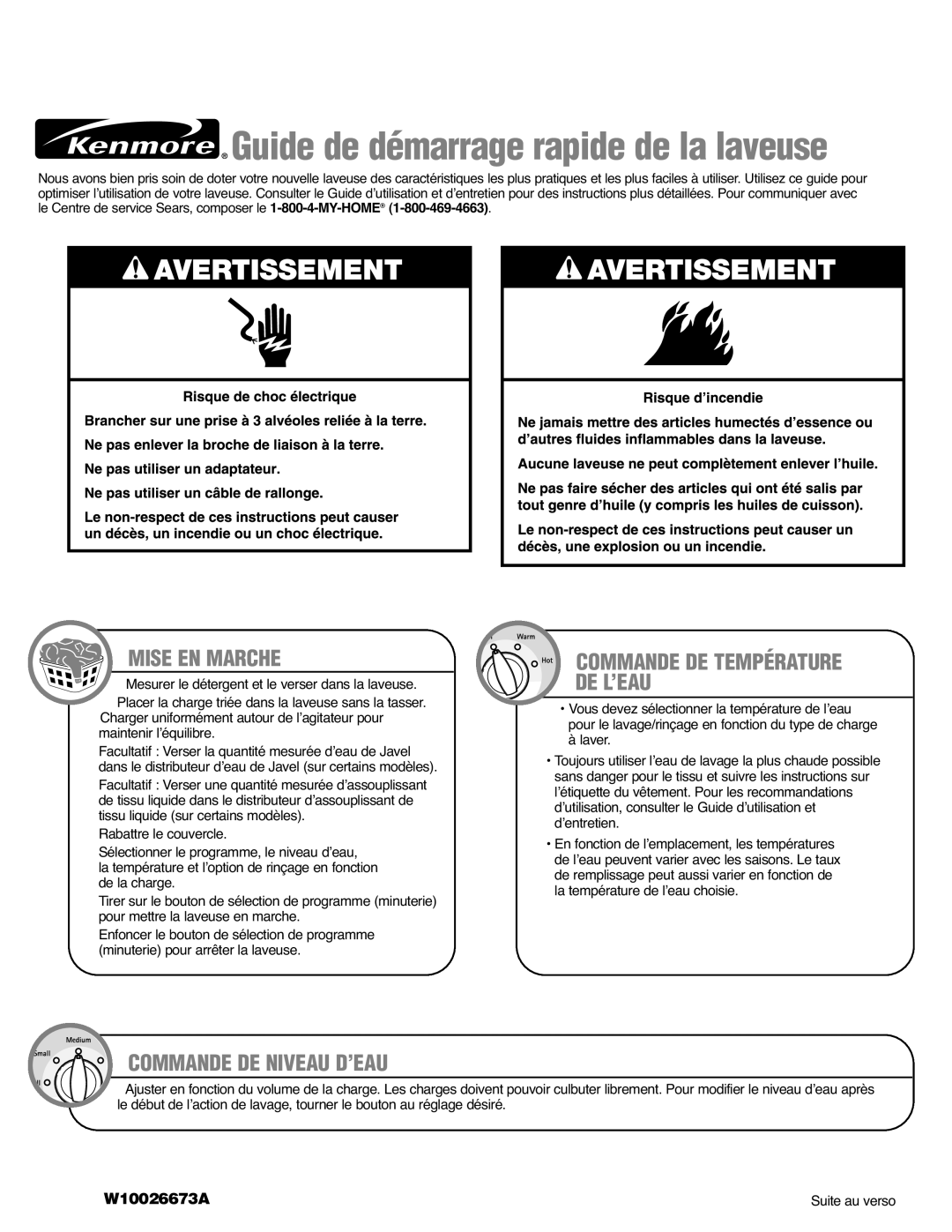 Kenmore W10026673A, 110.2962*, 110.2963* Mise EN Marche, Commande DE Température DE L’EAU, Commande DE Niveau D’EAU 