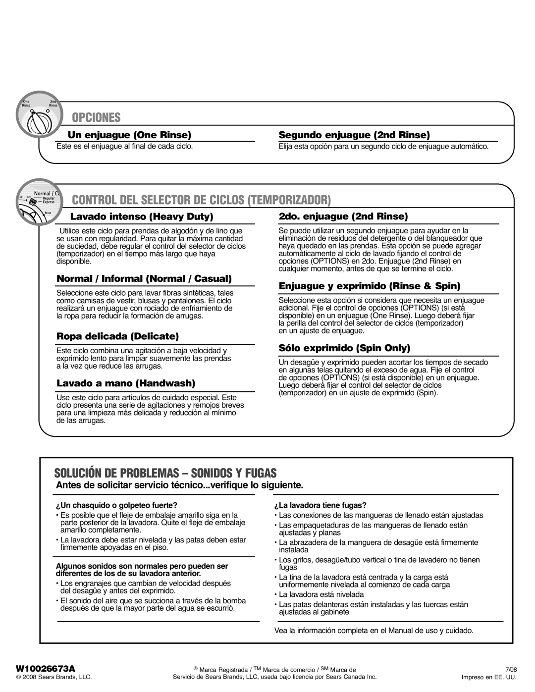 Kenmore 110.2963*, W10026673A, 110.2962* quick start Opciones, Control DEL Selector DE Ciclos Temporizador 