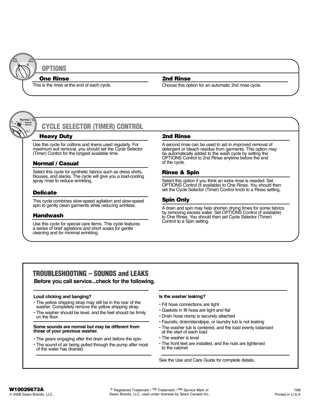 Kenmore W10026673A, 110.2962*, 110.2963* quick start Cycle Selector Timer Control 