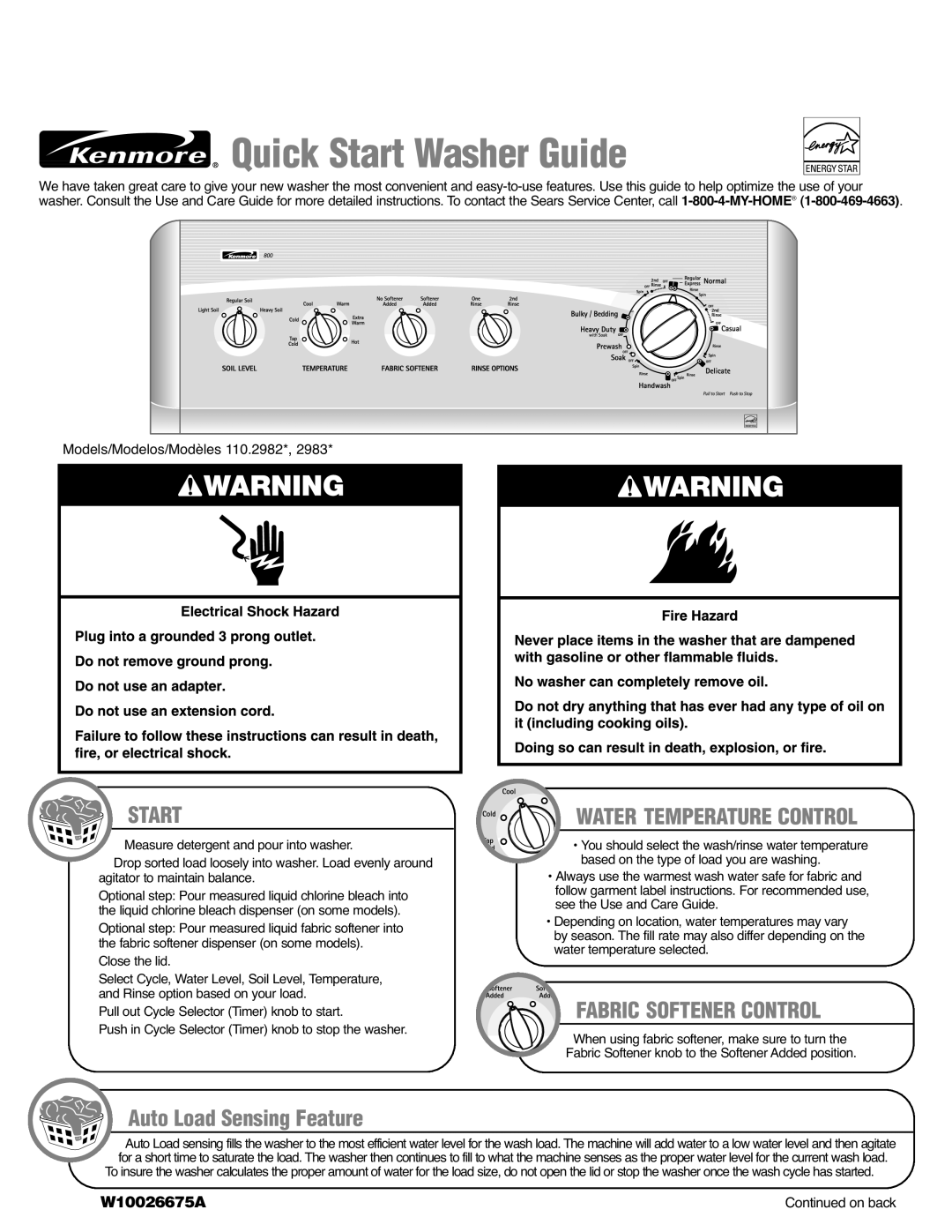 Kenmore 110.2982* quick start Quick Start Washer Guide, Water Temperature Control, Fabric Softener Control, On back 