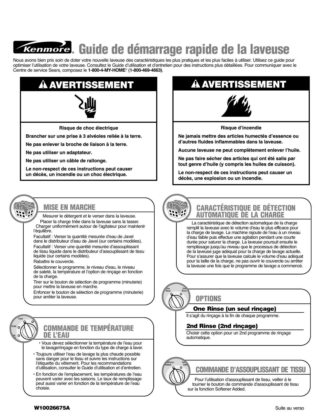 Kenmore 110.2982* Mise EN Marche, Commande DE Température DE L’EAU, Automatique DE LA Charge, Options, Suite au verso 
