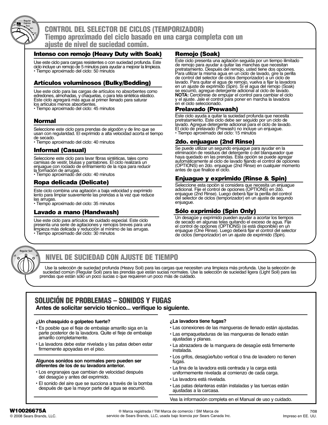 Kenmore 110.2982*, W10026675A Control DEL Selector DE Ciclos Temporizador, Nivel DE Suciedad CON Ajuste DE Tiempo 