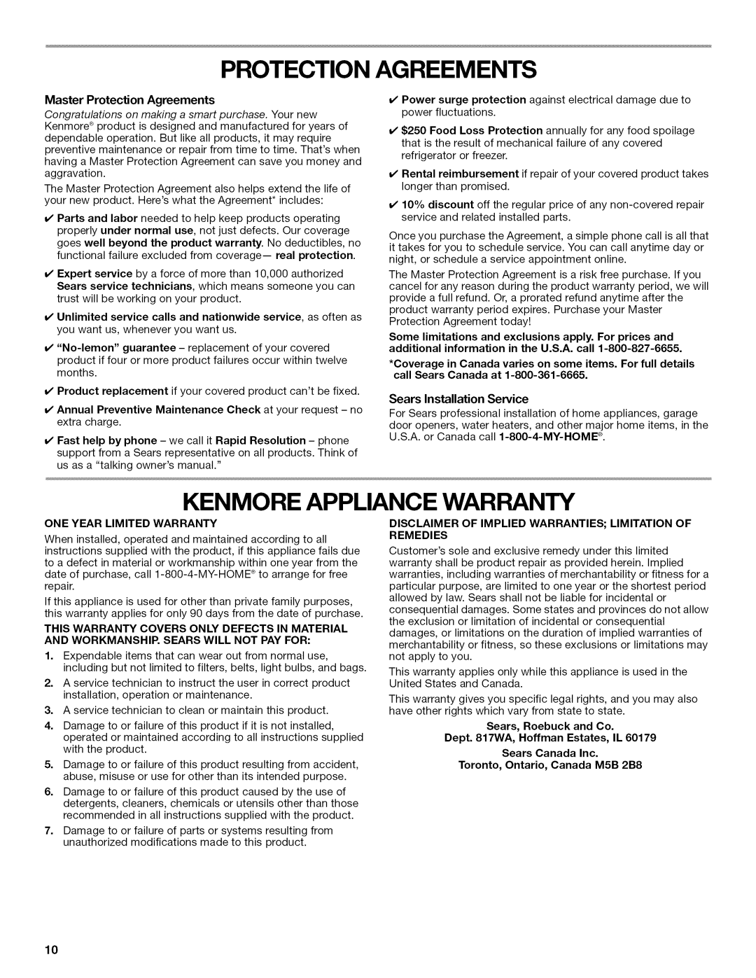 Kenmore W10034880B manual Kenmore Appliance Warranty, Master Protection Agreements 