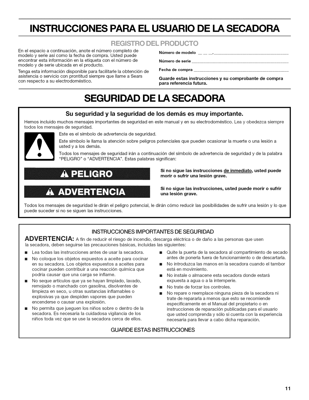 Kenmore W10034880B Instrucciones Para EL Usuario DE LA Secadora, Seguridad DE LA Secadora, Nmero de serie, Fecha de compra 