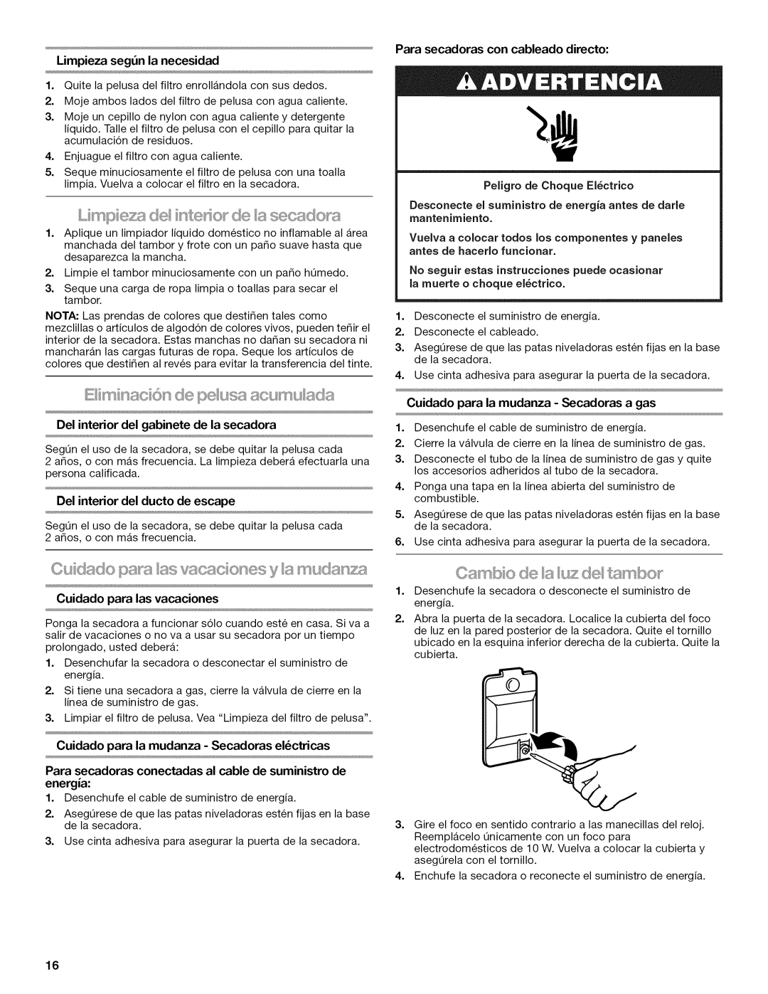 Kenmore W10034880B manual Para secadoras con cableado directo 