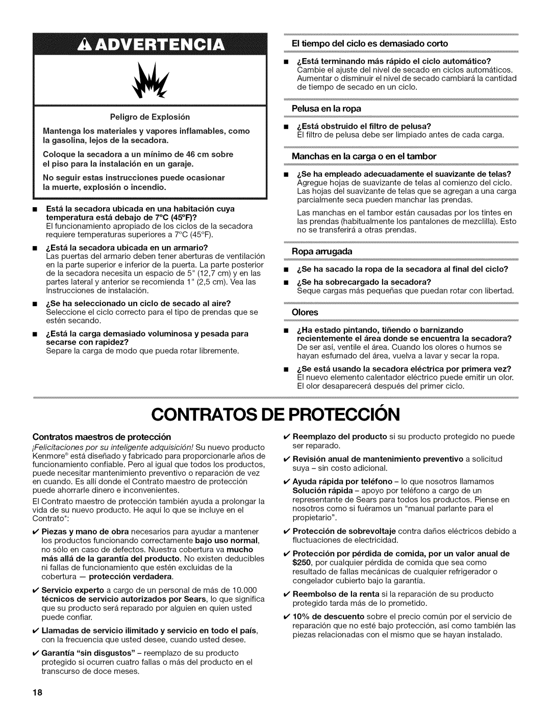 Kenmore W10034880B manual Contratos DE Proteccion, El tiempo del ciclo es demasiado corto, Pelusa en la ropa 