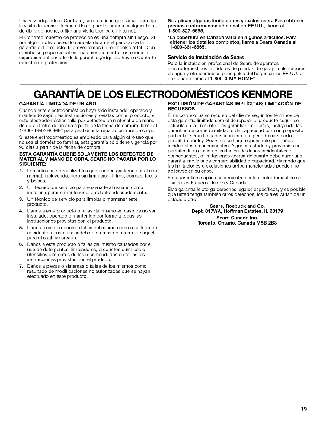 Kenmore W10034880B manual Garant DE LOS Electrodomesticos Kenmore, Garantja Limitada DE UN Aiio 