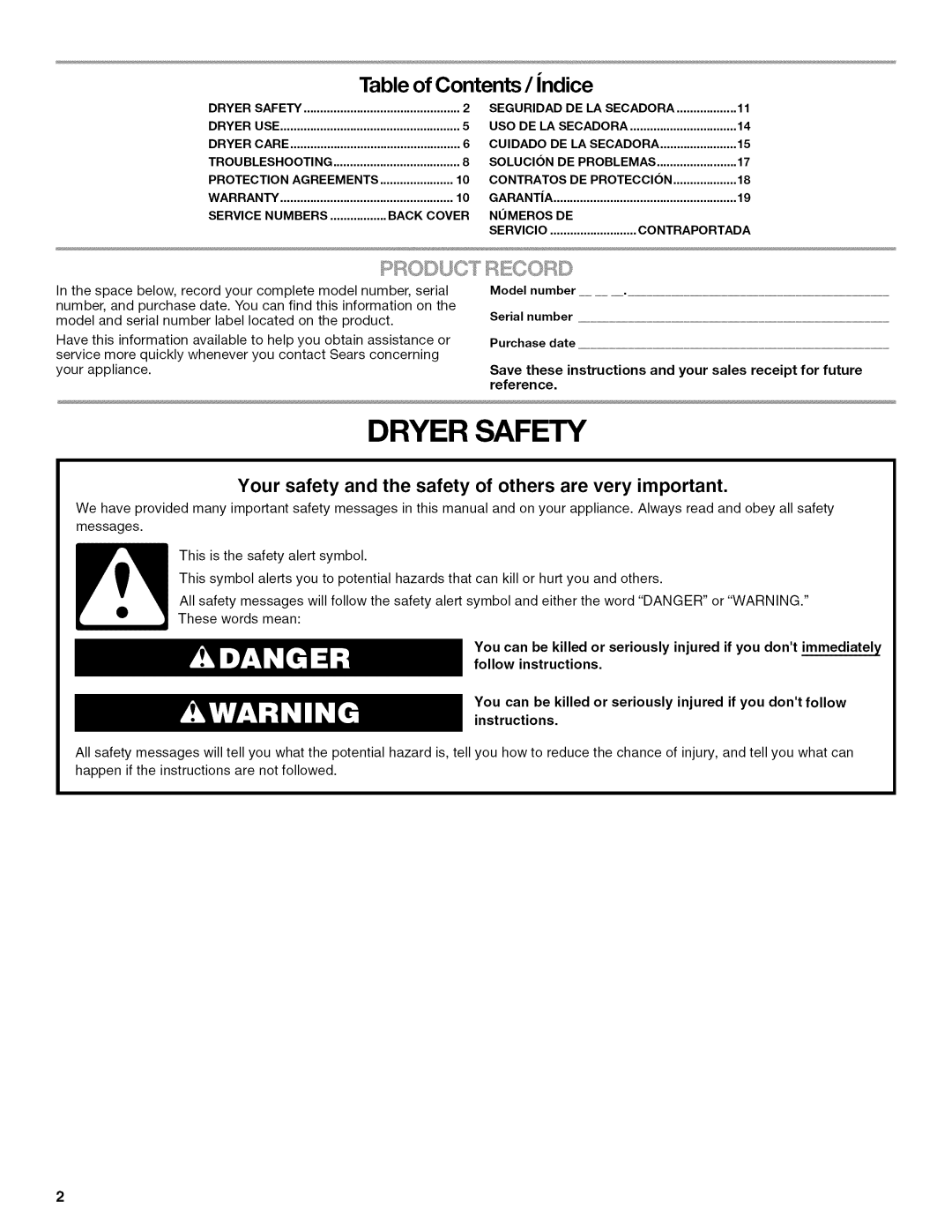 Kenmore W10034880B manual Dryer Safety, Table of Contents / indice 