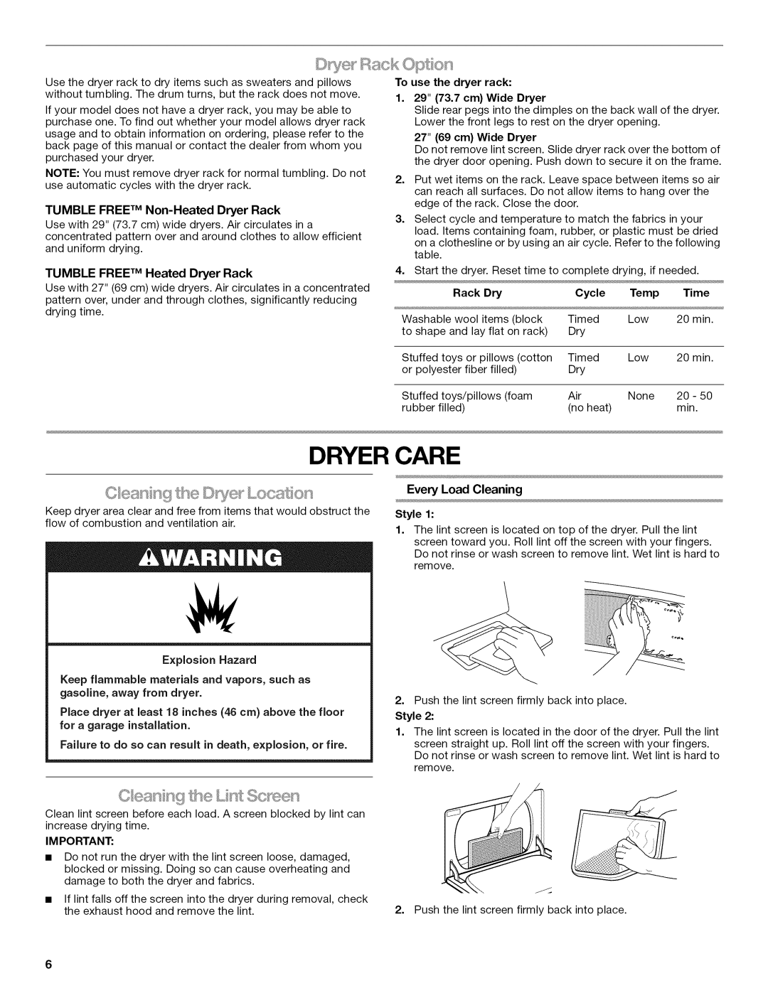 Kenmore W10034880B manual Dryer Care 