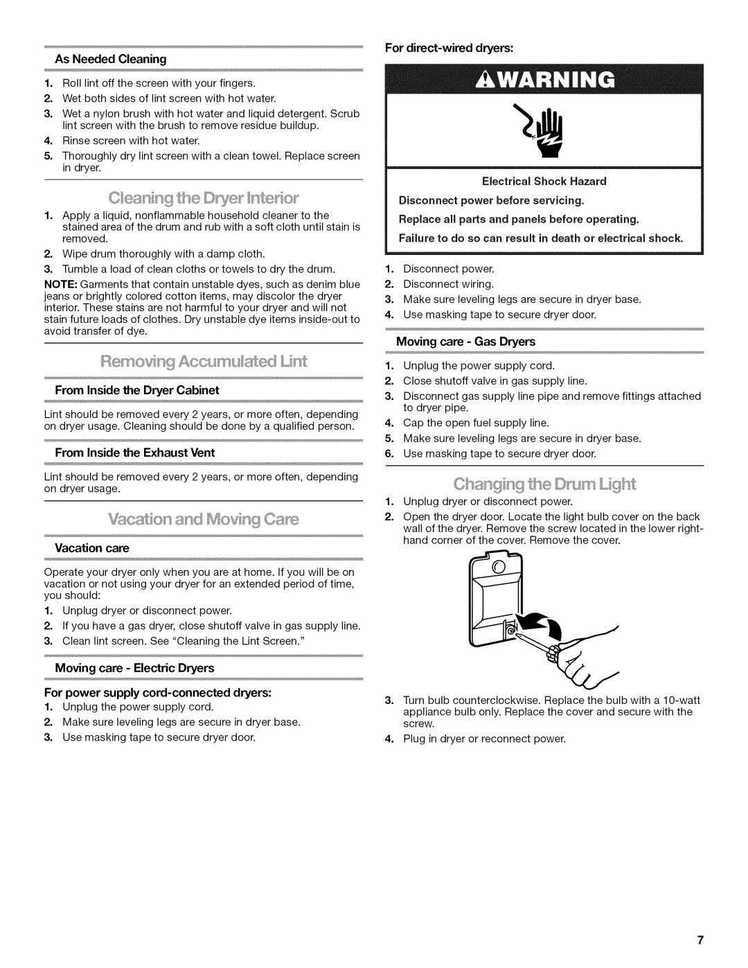 Kenmore W10034880B manual For direct-wired dryers, Moving care Electric Dryers 