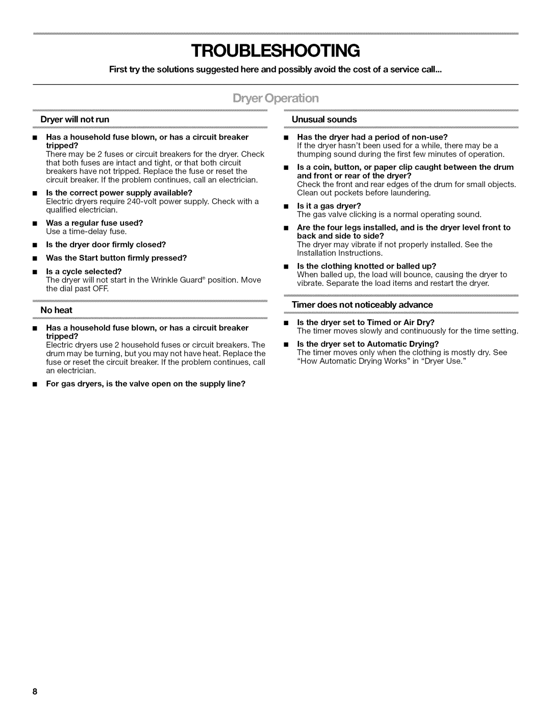 Kenmore W10034880B manual Troubleshooting, No heat, Timer does not noticeably advance 