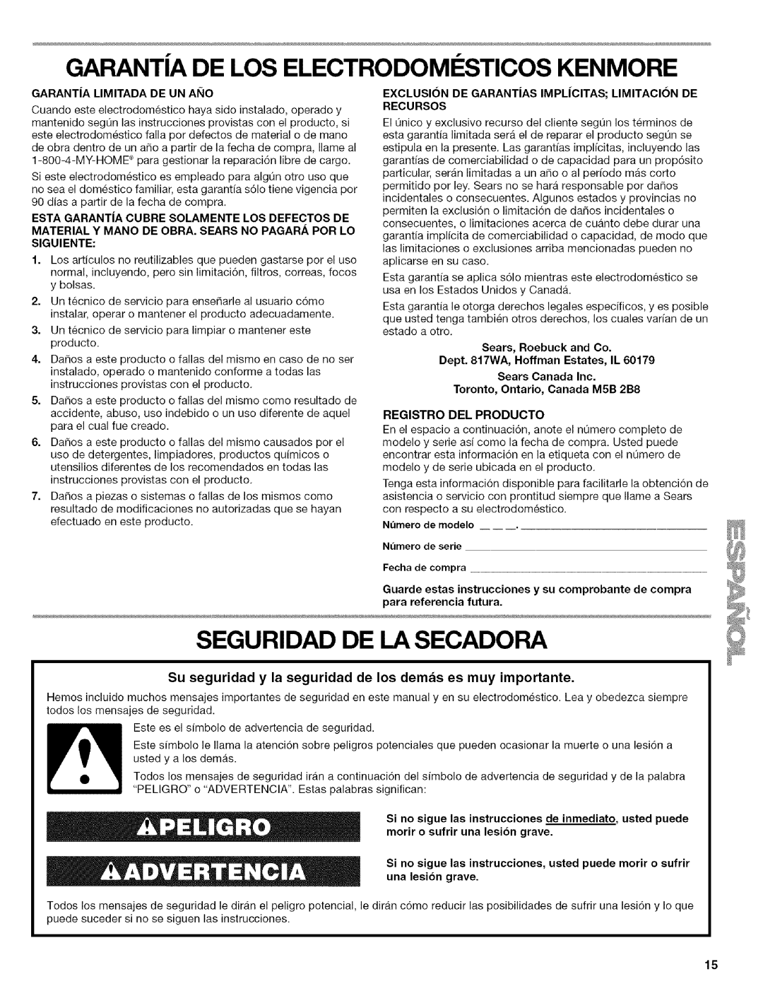 Kenmore w10034900 manual Seguridad DE LA Secadora, Su seguridad y la seguridad de los demas es muy importante 