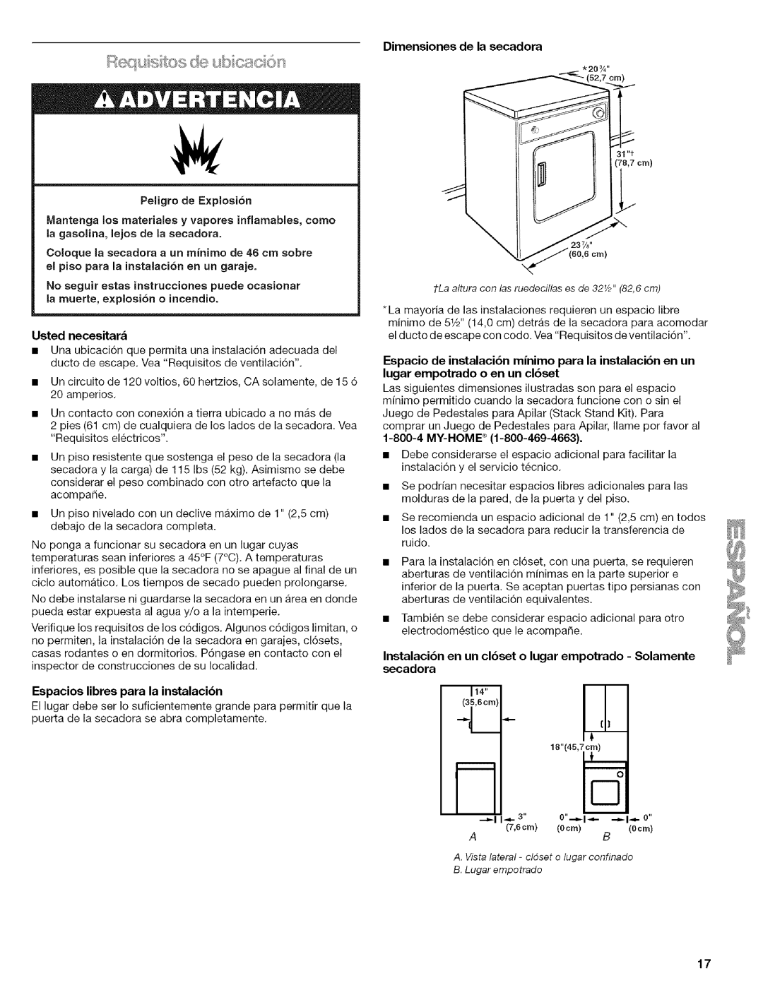 Kenmore w10034900 manual Espacios libres para la instalacibn, Dimensiones de la secadora, 114=3- 0-1----I-,-0 6cm 0cm0cm 