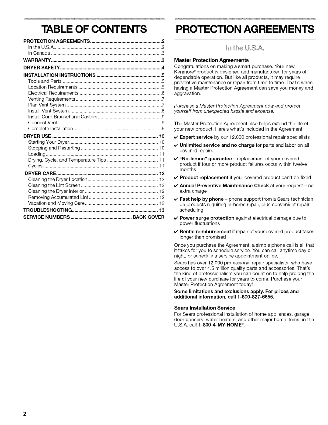 Kenmore w10034900 manual Table of Contents, Protection Agreements 