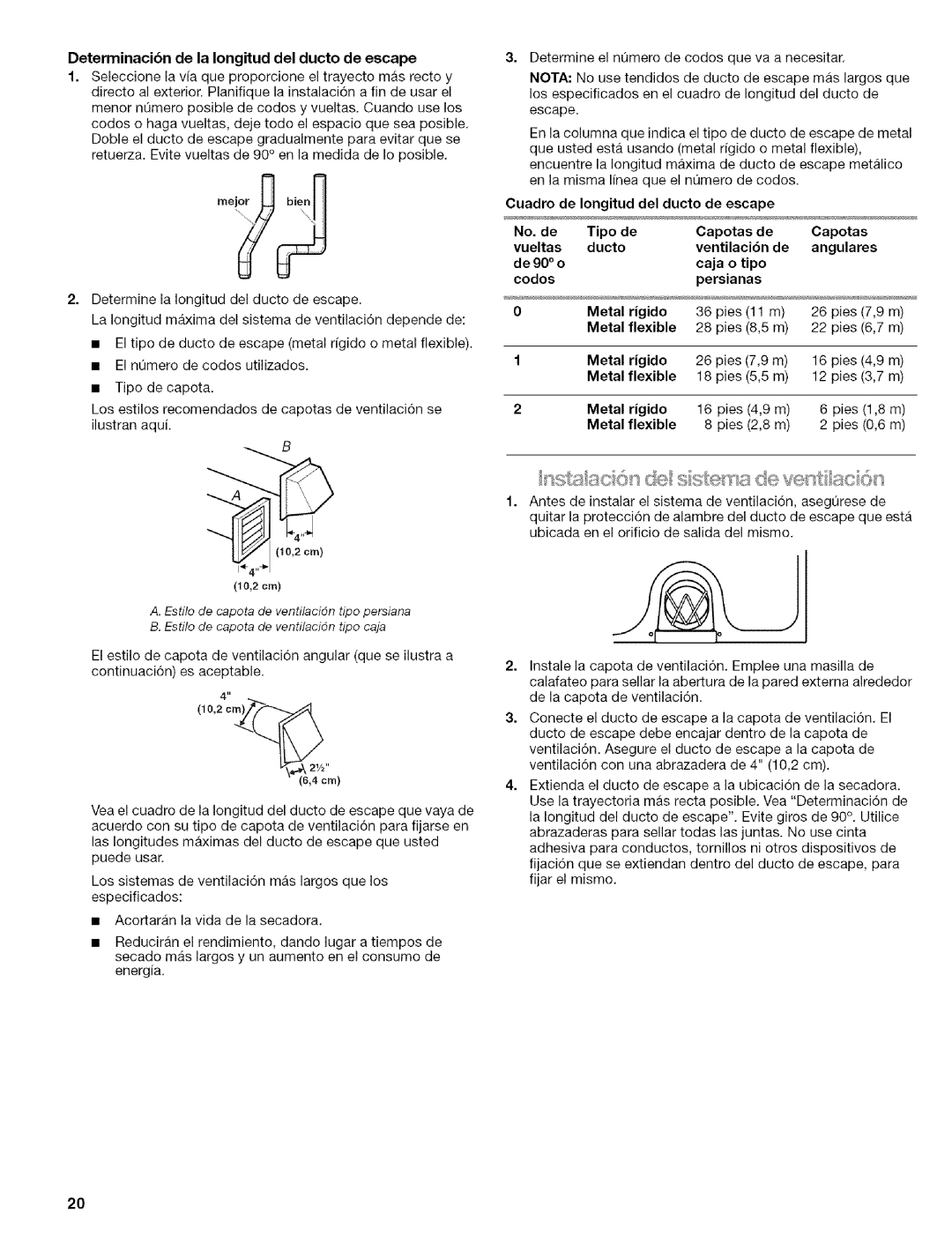 Kenmore w10034900 Determinacibn de la Iongitud del ducto de escape, Cuadro de Iongitud del ducto de escape No. de Tipo 