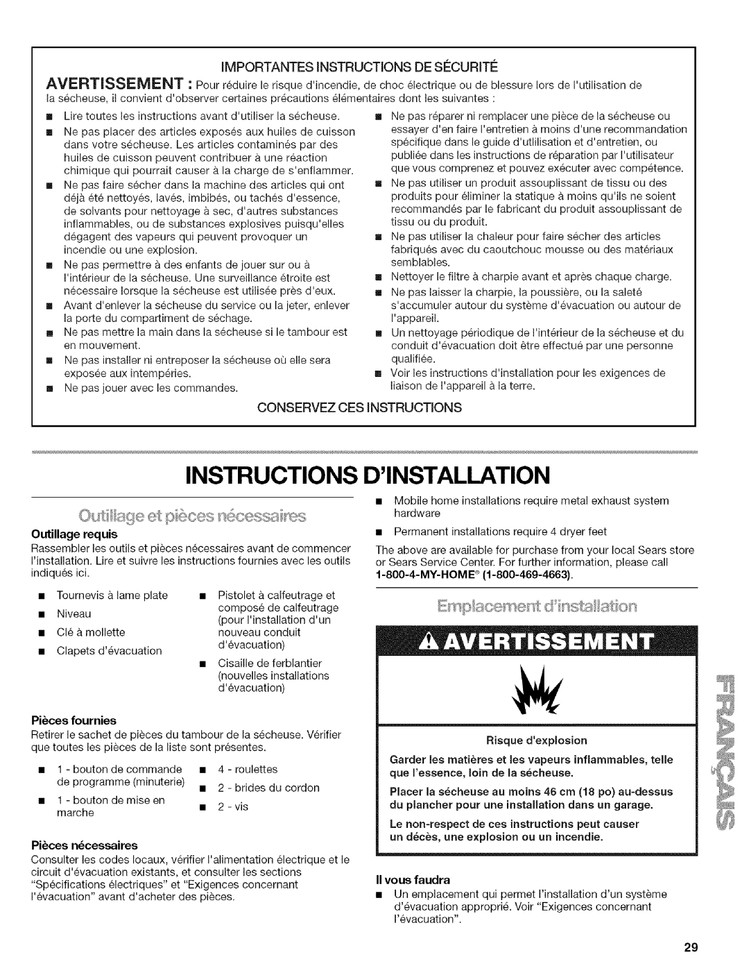 Kenmore w10034900 manual Instructions Dinstallation, Outillage requis, Pices fournies, Pices ncessaires, II vous faudra 