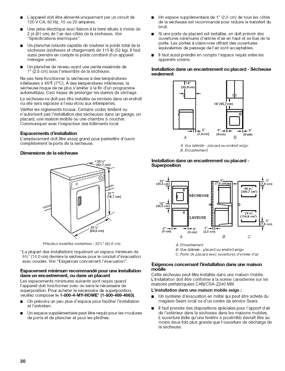 Kenmore w10034900 manual Dimensions de la scheuse, Installation dans un encastrement ou placard Superposition 