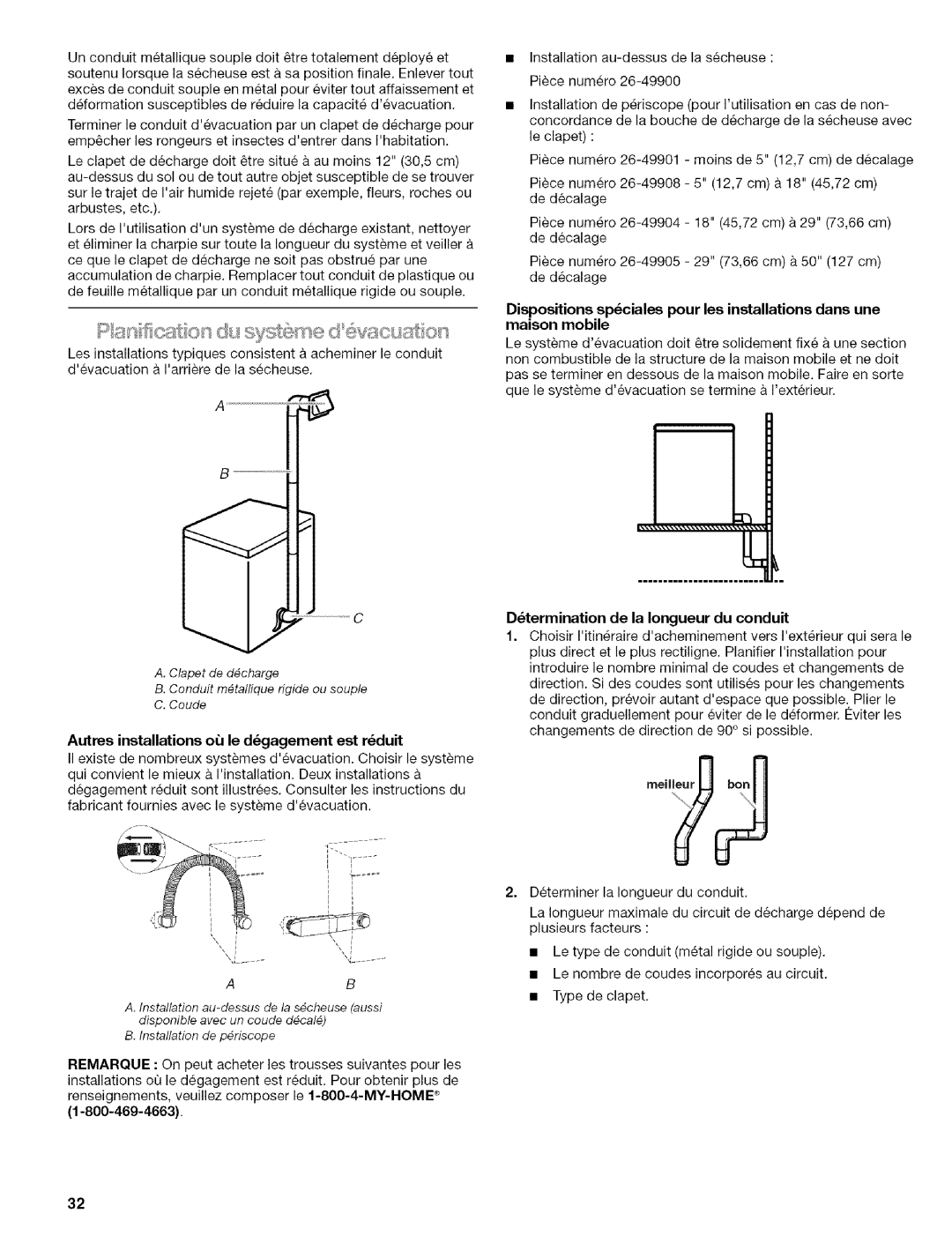 Kenmore w10034900 manual Autres installations oJle dgagement est rduit, Dtermination de la Iongueur du conduit 