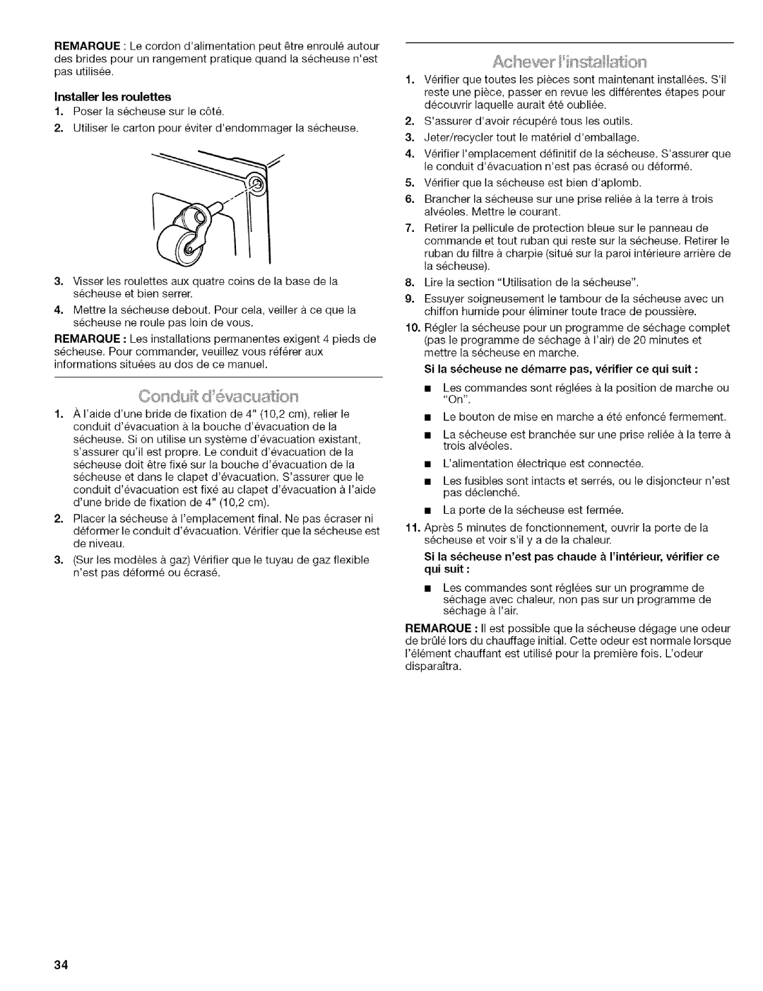 Kenmore w10034900 manual Installer les roulettes, Si la scheuse ne dmarre pas, vrifier ce qui suit 