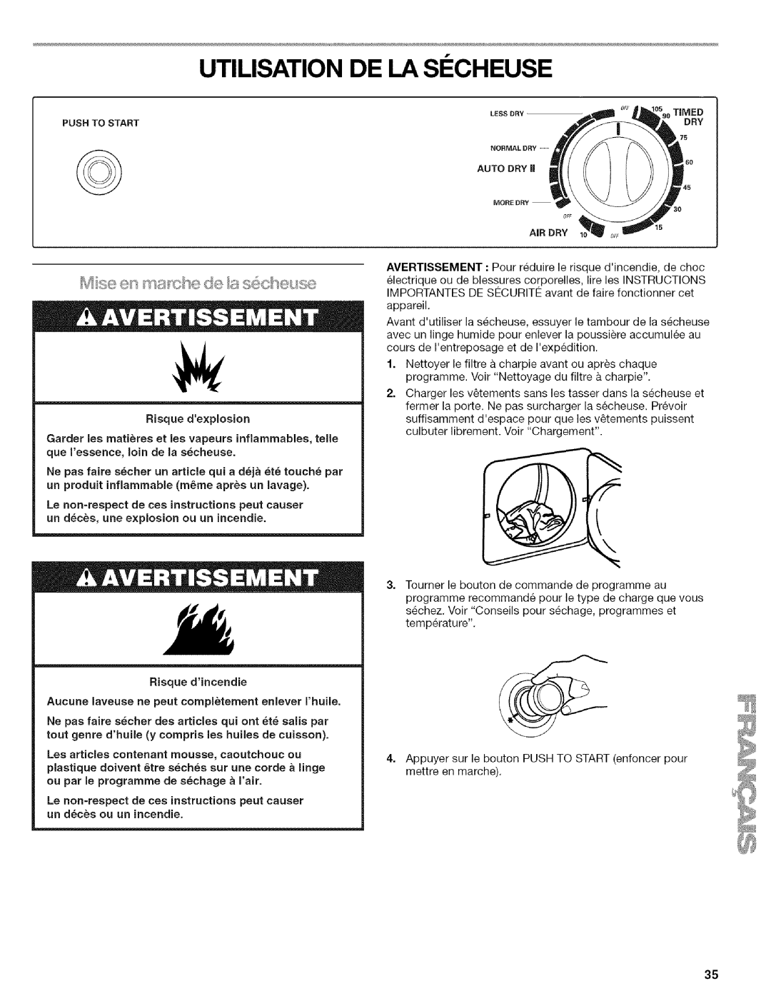 Kenmore w10034900 manual Utilisation DE LA SI Cheuse, Risque dexplosion, Air Dry 