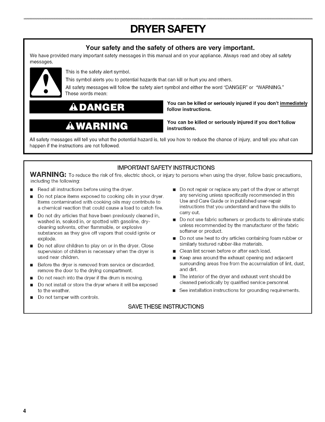 Kenmore w10034900 manual Dryer Safety, INSTRUCTiONS 