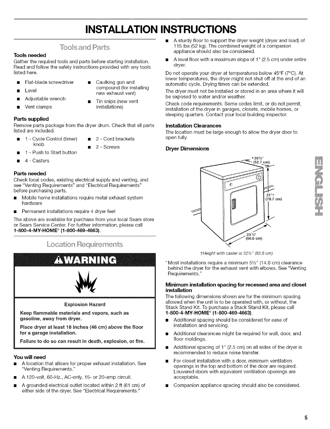 Kenmore w10034900 manual Dryer Dimensions 