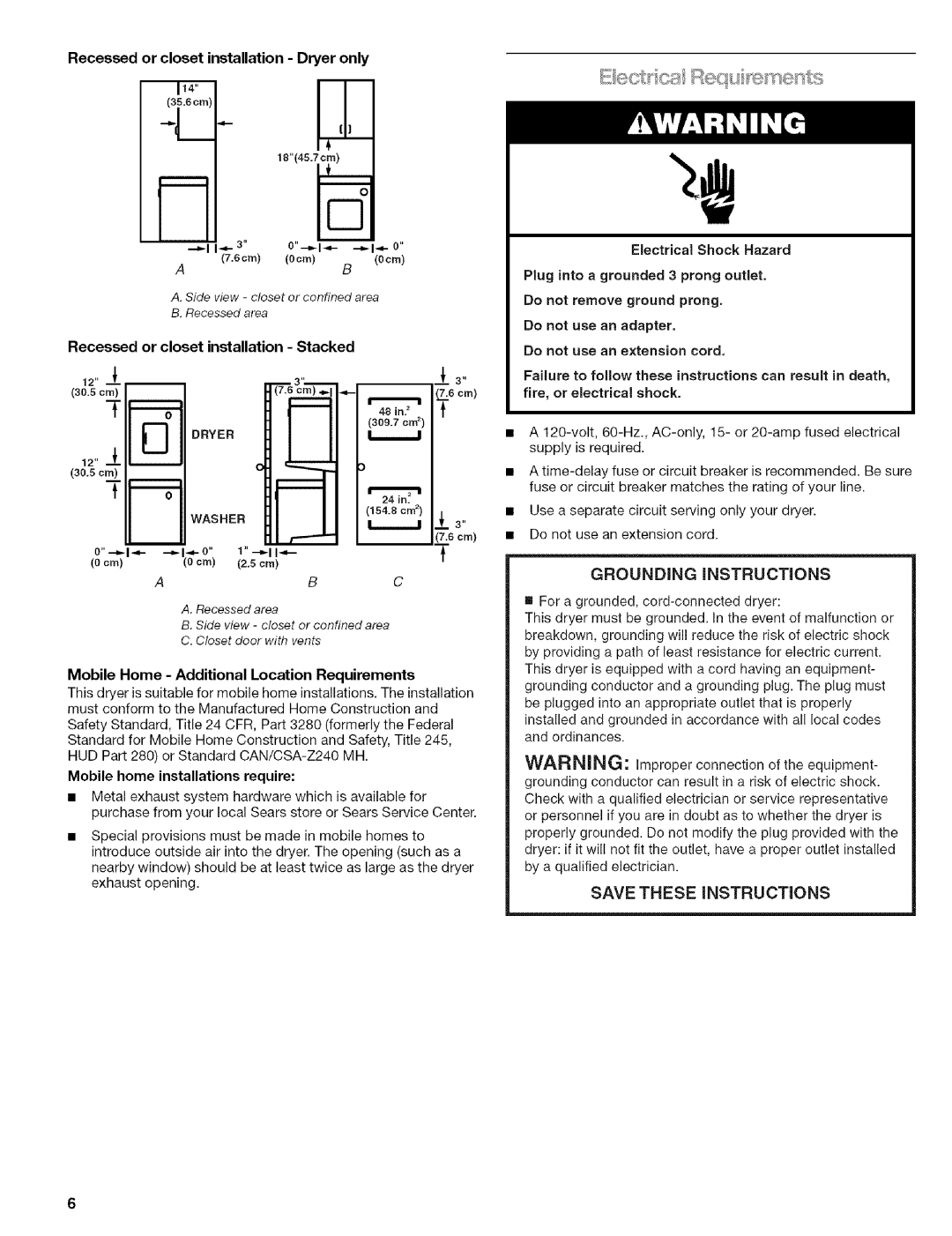 Kenmore w10034900 manual Recessed or closet installation Dryer only, Recessed or closet installation Stacked 