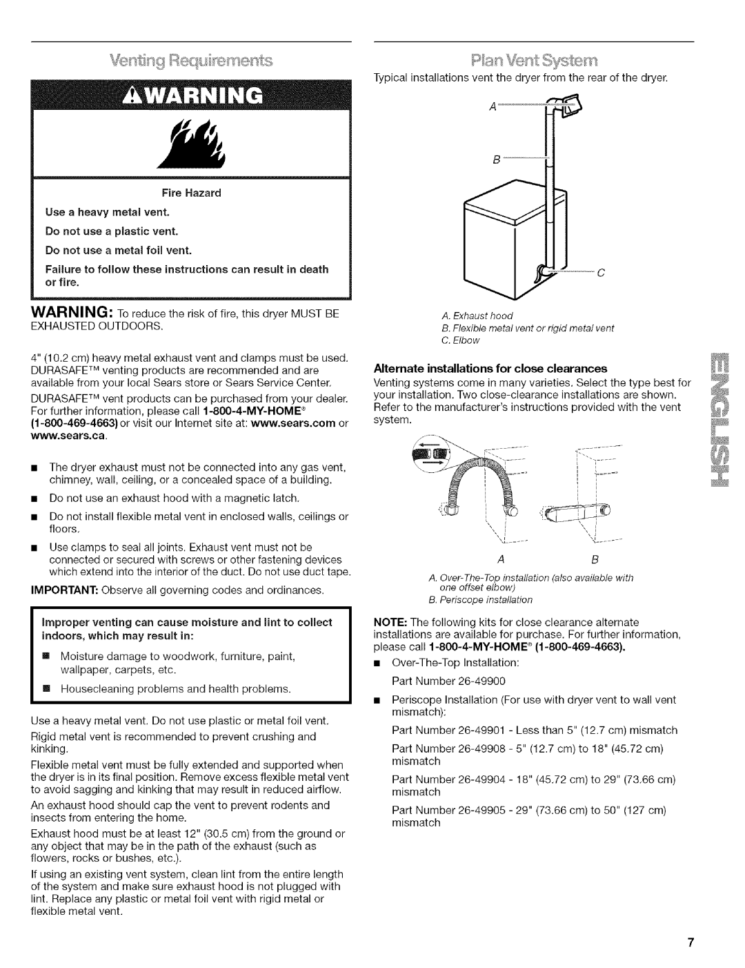 Kenmore w10034900 manual Alternate installations for close clearances 