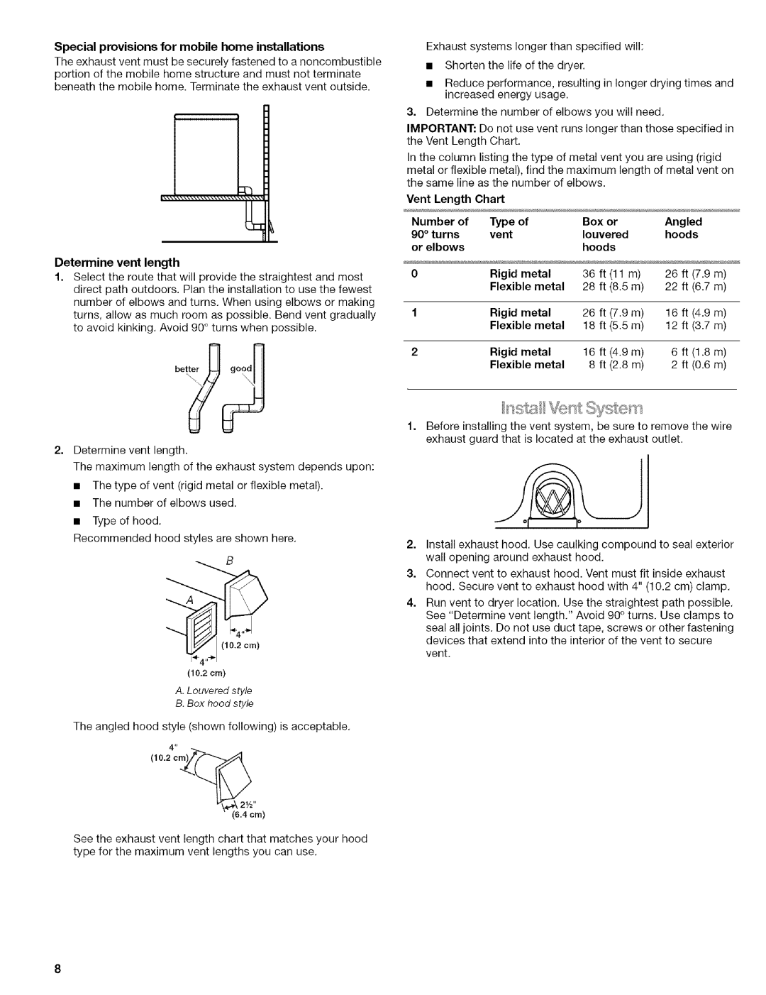 Kenmore w10034900 manual Specialprovisions for mobile home installations, Determine vent length, Flexible, Rigid metal 