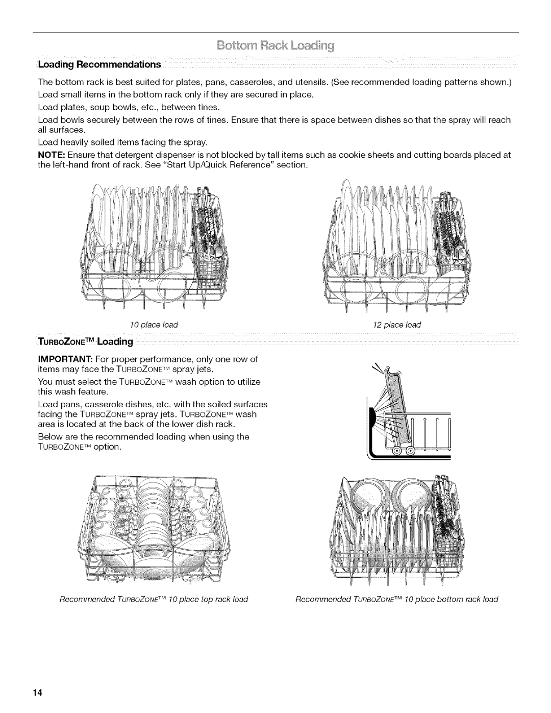 Kenmore 665.13169K702, W10082930A, 665.13163K701 manual Loading Recommendations, Recommended TURBOZONE10 place top rack load 