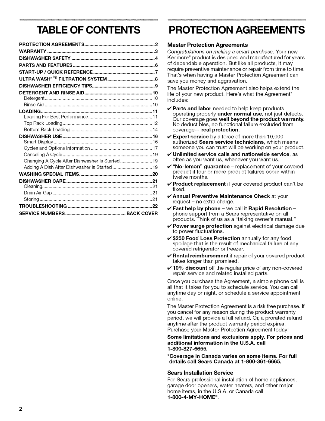 Kenmore 665.13169K702, W10082930A, 665.13163K701, 665.13163K703 manual Table of Contents Protection Agreements 