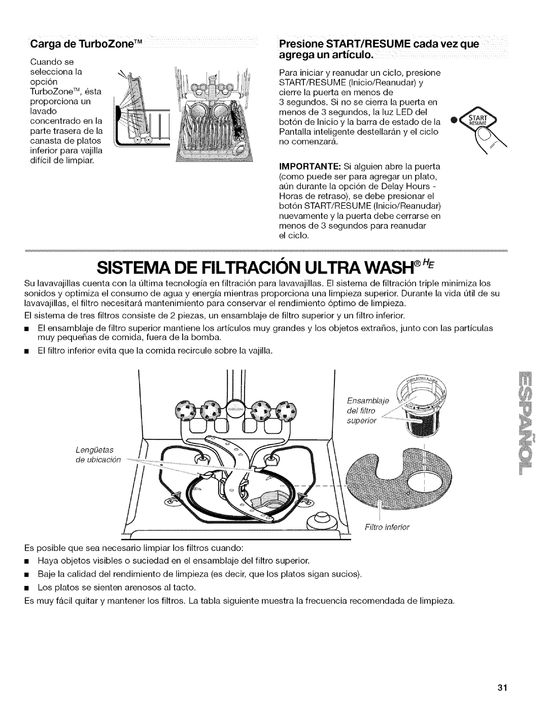 Kenmore 665.13163K701, W10082930A, 665.13169K702, 665.13163K703 manual Sistema DE Filtracion Ultra Wash, Filtro inferior 