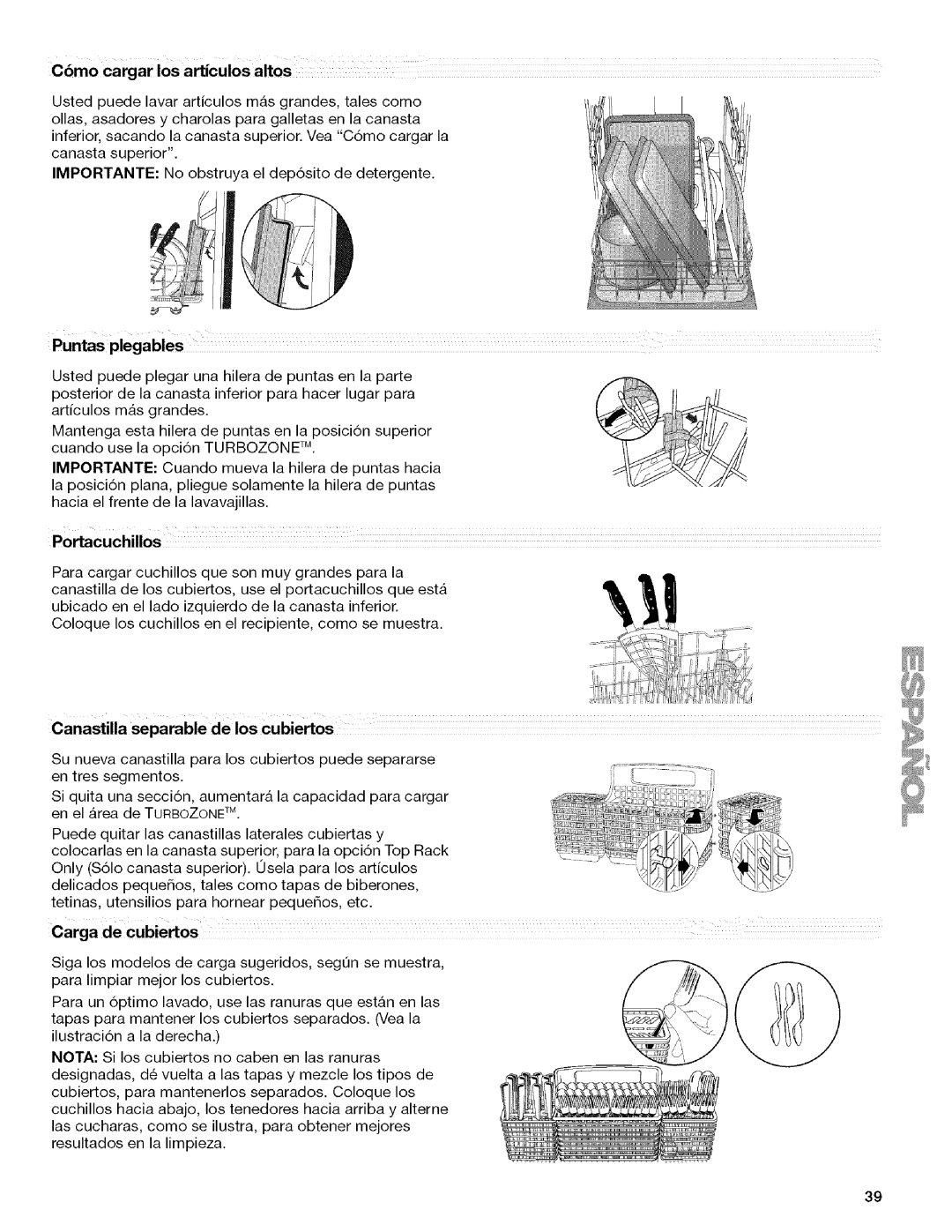 Kenmore W10082930A, 665.13163K701 manual IMPORTANTENoobstruyaeldep6sitodedetergente, Puntas plegables, PortacuchUlos 