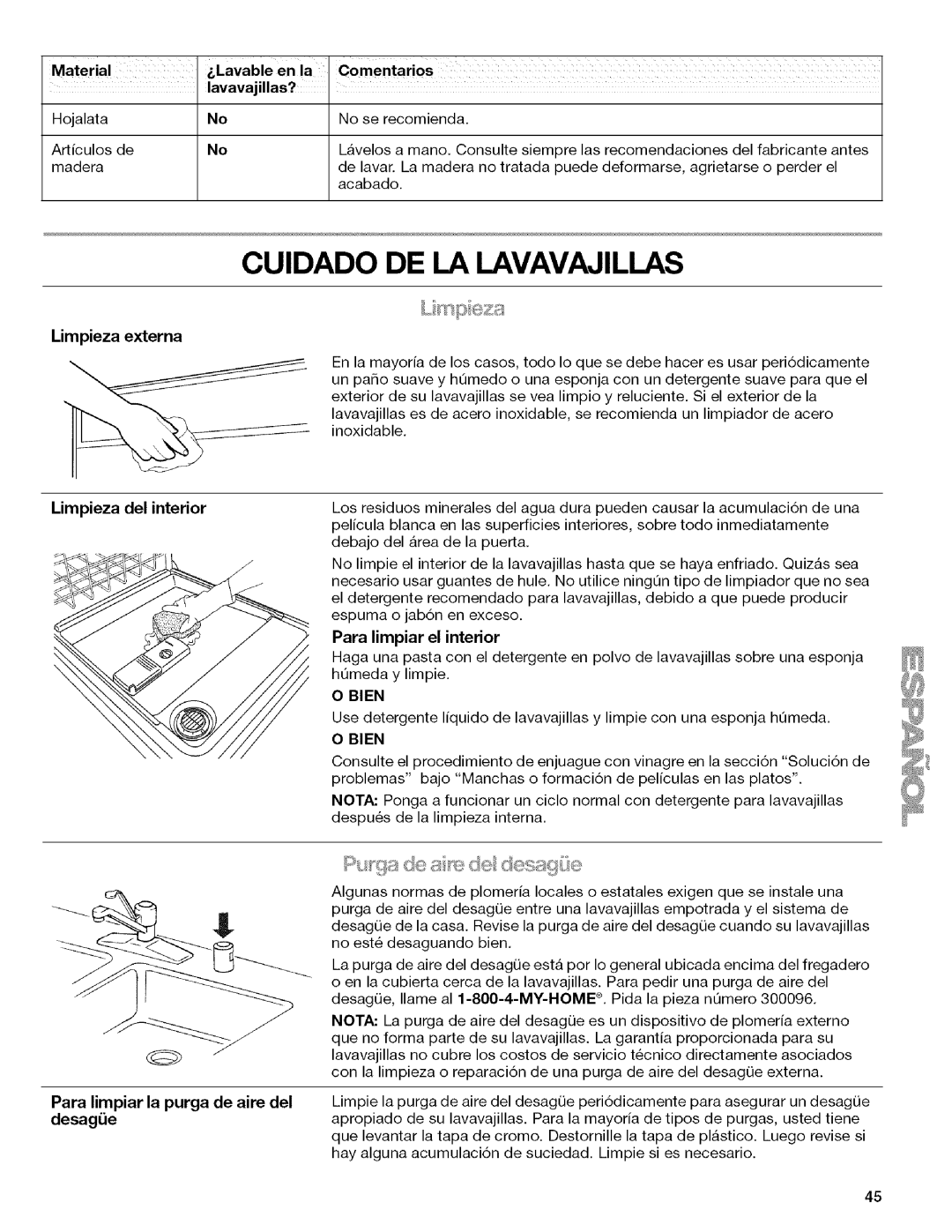 Kenmore 665.1316 Cuidado DE LA Lavavajillas, Limpieza externa Limpieza del interior, Para limpiar el interior, Desage 