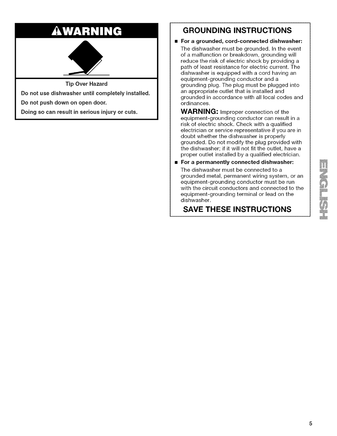 Kenmore W10082930A, 665.13163K701, 665.13169K702 manual Grounding Instructions, For a grounded, cord-connected dishwasher 