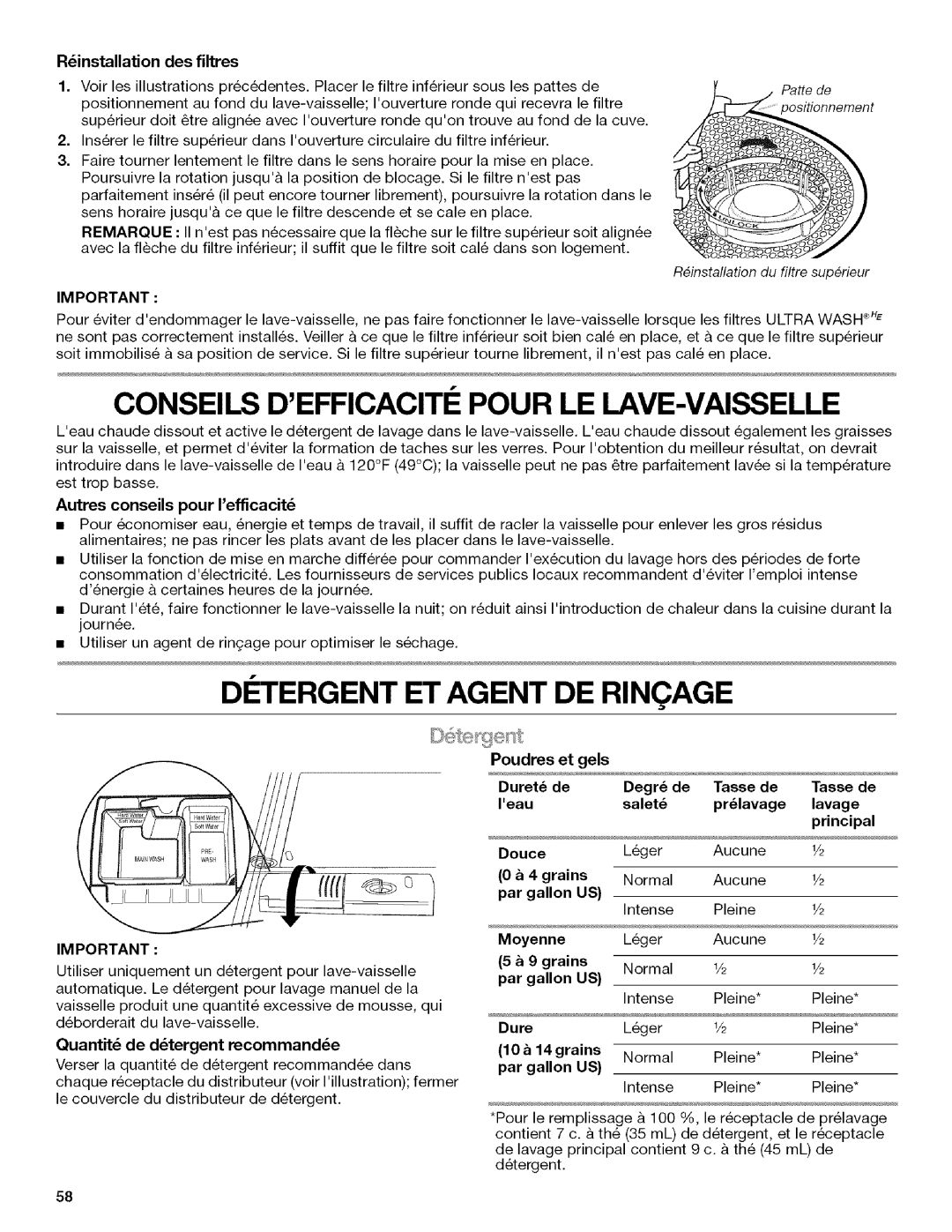 Kenmore 665.13163K703, W10082930A, 665.13163K701 manual Conseils Defficaciti Pour LE LAVE-VAISSELLE, Ergent Agent DE Rinqage 