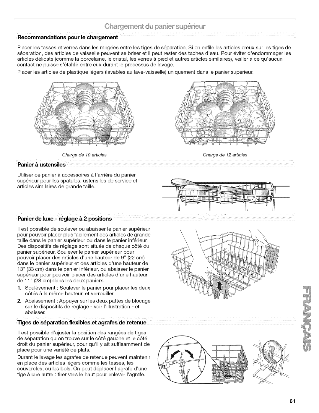 Kenmore 665.13163K701, W10082930A, 665.13169K702 Recommandationspourle chargement, Charge de 10 articles, Panier ustensiles 