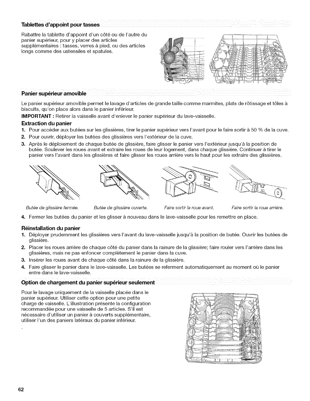 Kenmore 665.13169K702, W10082930A, 665.13163K701, 665.13163K703 manual Extraction du panier, Rinstallation du panier 