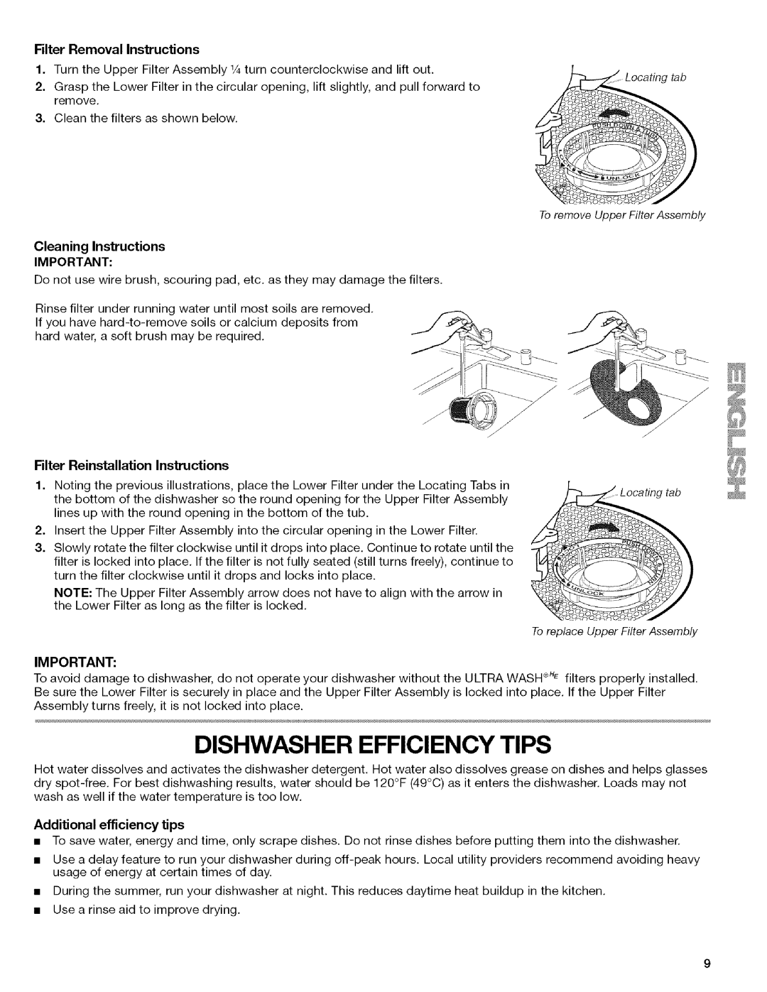 Kenmore W10082930A, 665.13163K701 manual Dishwasher Efficiency Tips, Filter Removal Instructions, Cleaning Instructions 