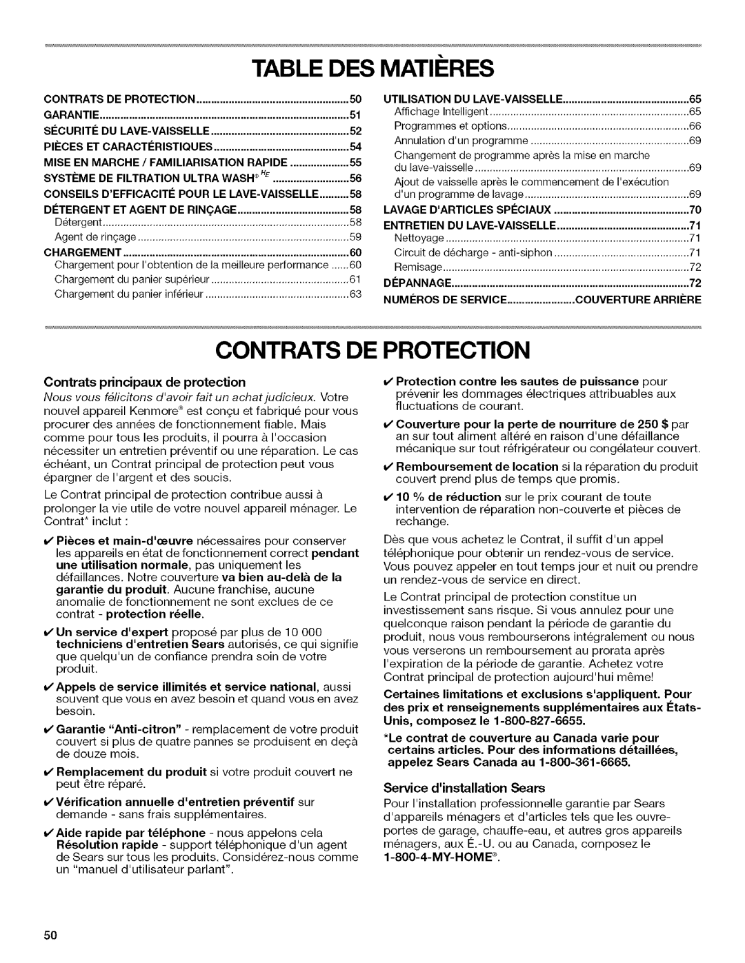 Kenmore 665.13169K702, W10082930A, 665.13163K701, 665.13163K703 manual Table Des Matii Res, Contrats De Protection 