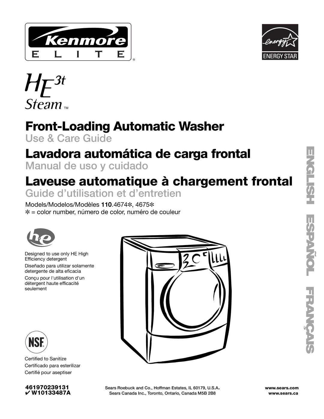 Kenmore W10133487A manual Laveuse automatique à chargement frontal, Designed to use only HE High Efficiency detergent 